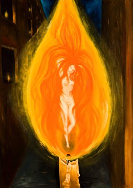 Bir mum alevi dans çıplak kız. Yağlıboya Resim.