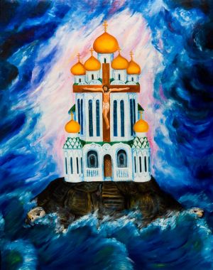 Arka planı karanlık bulutlar Ortodoks Kilisesi. Yağlıboya Resim.