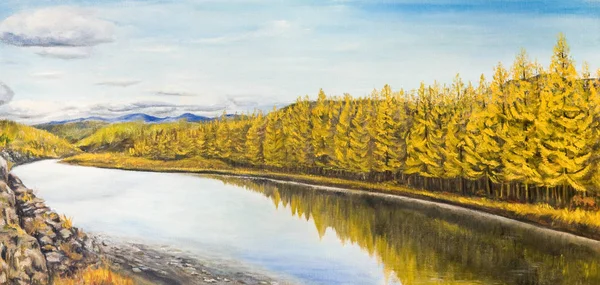 Oil Painting Canvas Beautiful Calm River Yellow Larch Trees Shore — Stock Photo, Image