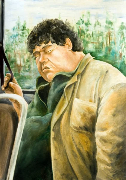 Olieverf Schilderij Doek Dikke Man Slapen Bus — Stockfoto