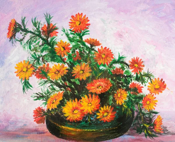 Bouquet Fleurs Vase Peinture Huile — Photo