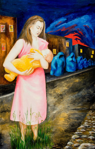An allegory of the troubles and dangers. The mother was holding a sleeping child. Oil painting.