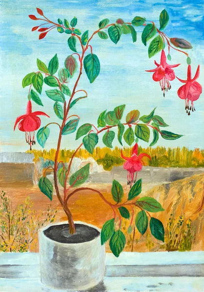 Bloeiende Fuchsia Het Venster Olieverf Schilderij — Stockfoto