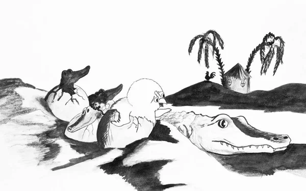 Caricature Dessin Crayon Poulet Est Parmi Les Crocodiles Allégorie Choisissez — Photo