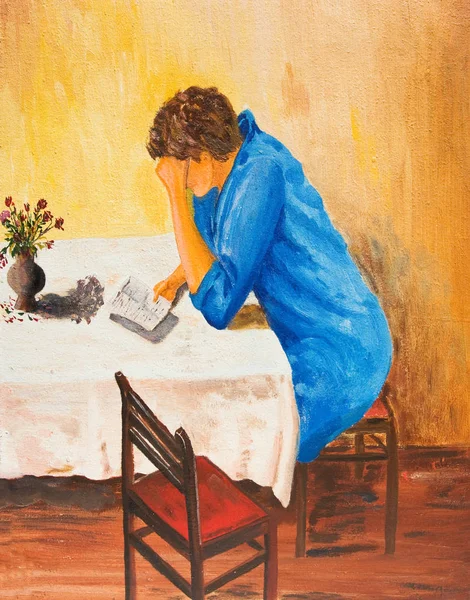 Uma Rapariga Ler Uma Carta Triste Pintura Óleo — Fotografia de Stock