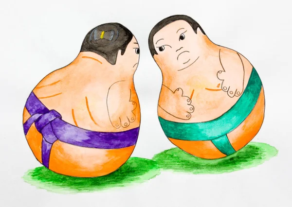 Two Fat Sumo Wrestler Fight Cartoon Watercolor — Stock Photo, Image