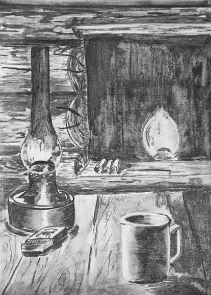 Une Lampe Kérosène Sur Table Dans Maison Bois Dessin Charbon — Photo