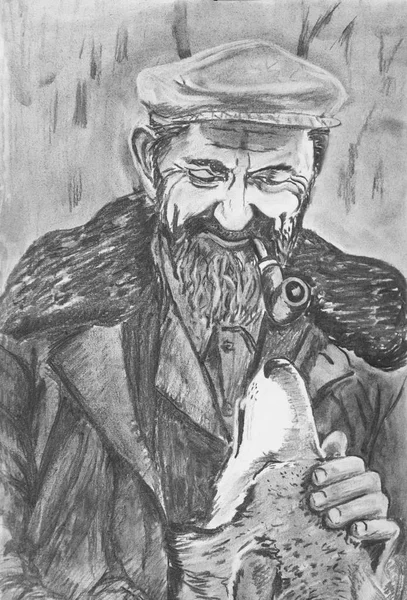 Homme Barbu Avec Une Pipe Fumer Homme Caressant Chien — Photo