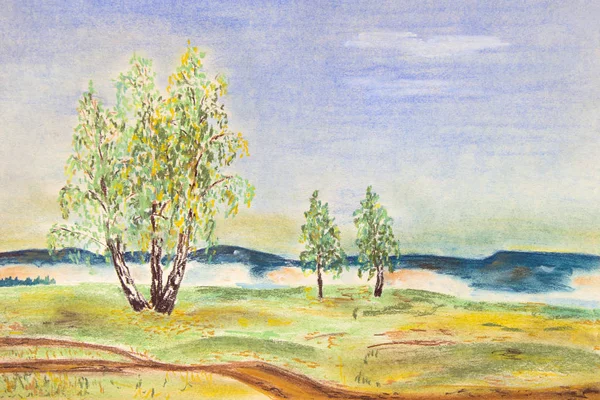 Autumn Landscape Birches Field Pastel Drawing — Stock Photo, Image