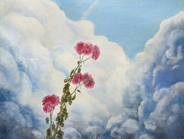 Crisantemos Fondo Del Cielo Nublado Pintura Óleo —  Fotos de Stock