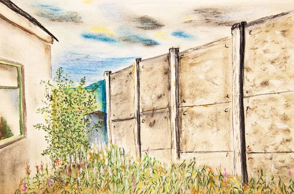 Overgrown Yard High Fence Pastel Drawing — Stock Photo, Image