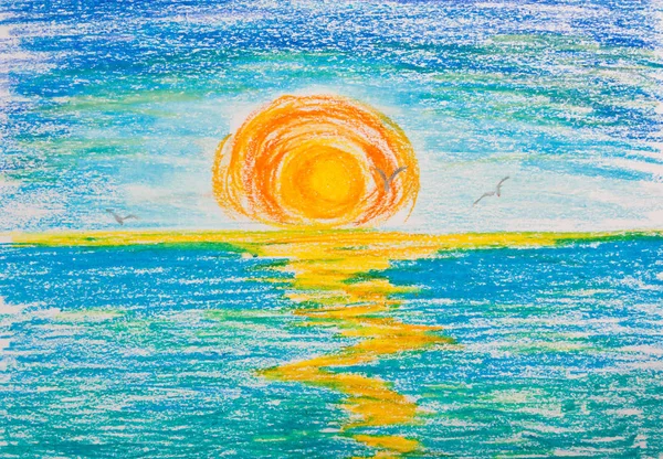 Puesta Sol Mar Con Gaviotas Dibujo Con Crayones —  Fotos de Stock