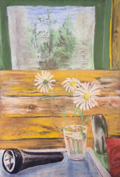 Nature Morte Avec Bouquet Marguerites Une Lampe Poche Dessin Pastel — Photo