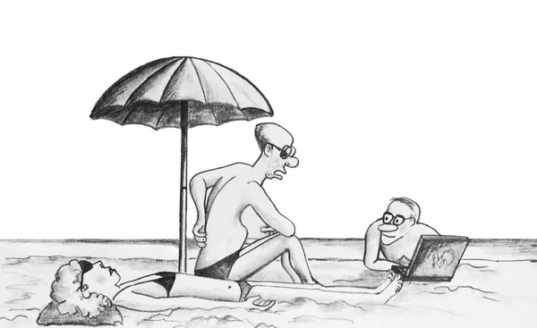 Двое Мужчин Женщина Пляже Beach Man Says Annoy Flat Things — стоковое фото