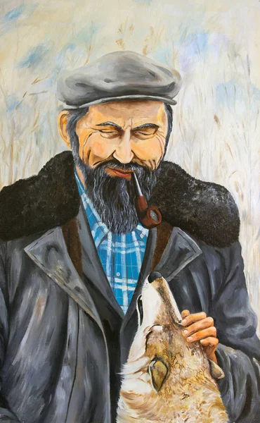 Портрет Пожилого Человека Собакой Бородач Дымящейся Трубкой Мужчина Гладит Собаку — стоковое фото