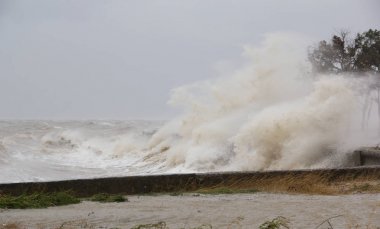 Büyük fırtına dalgaları beton sahilde gürültüyle çarpmak. Büyük fırtına Azak Denizi, Primorsko - Akhtarsk, Rusya Federasyonu