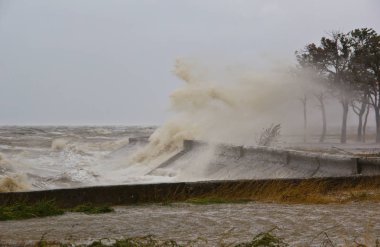 Büyük fırtına dalgaları beton sahilde gürültüyle çarpmak. Büyük fırtına Azak Denizi, Primorsko - Akhtarsk, Rusya Federasyonu
