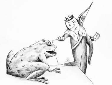 Elle kurşun kalemle çizilmiş karikatür. Prens ve kurbağa. Prens bir kağıdın tutuyor. Büyük bir kurbağa masaya oturuyor