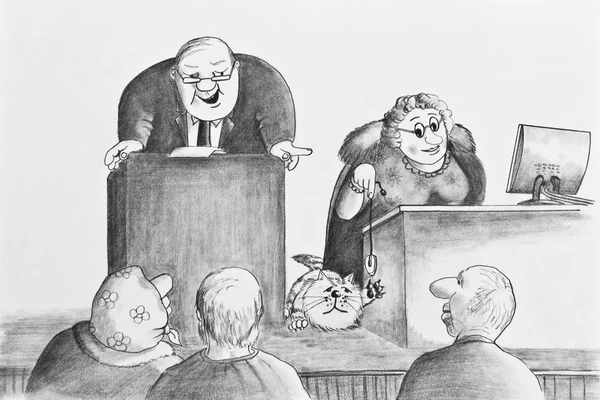 退屈な会議 ハゲ男の演説と女性を話す猫のいじめ 紙に鉛筆で描く — ストック写真