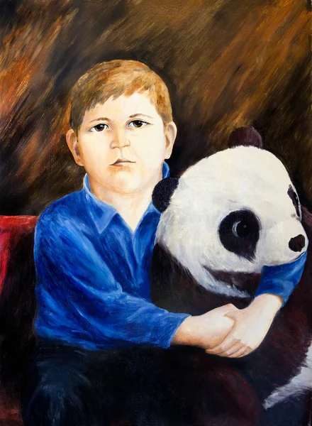 Oljemålning Porträtt Pojke Med Leksak Panda — Stockfoto