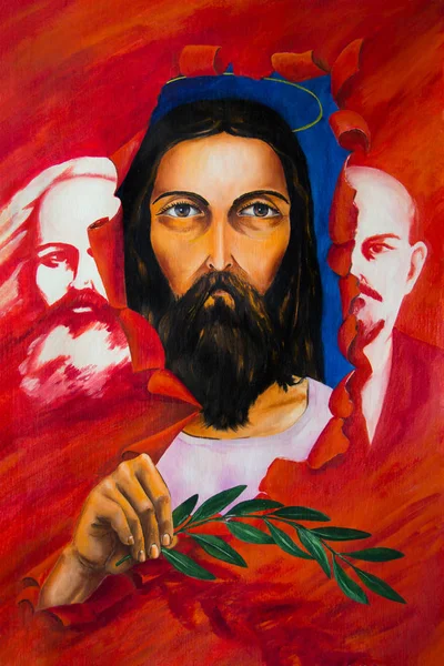 Jesucristo Con Una Rama Mano Contra Cartel Comunista — Foto de Stock