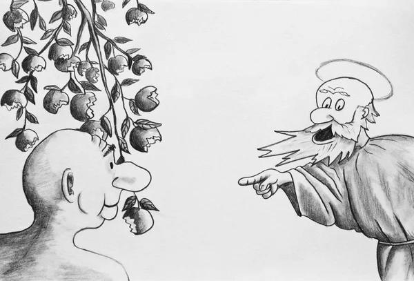 Caricature Drawn Pencil Expulsion Paradise Adam Took Bite All Apples — Stock Photo, Image