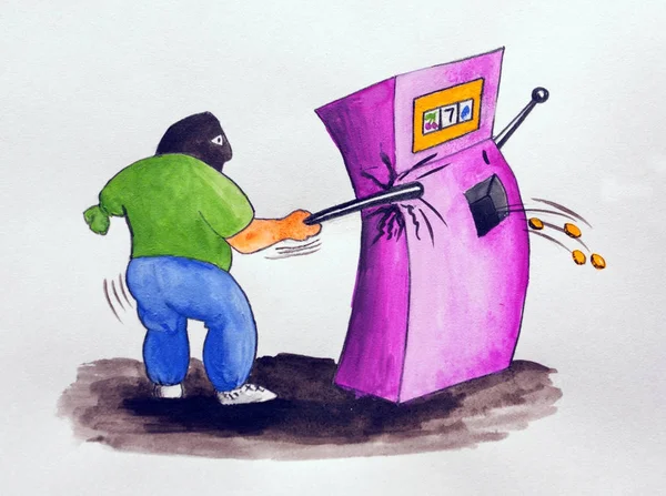 Bandito Con Braccio Solo Slot Machine Cartone Animato Acquerello Disegnato — Foto Stock