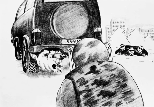 Karikatur Bleistiftzeichnung Die Katze Liegt Unter Dem Auto Verwechselt Mit — Stockfoto