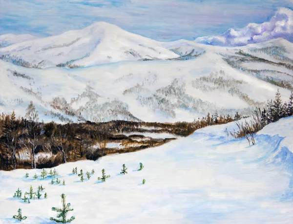 Winter Landscape Snow Capped Mountains Oil Painting — Stock Photo, Image