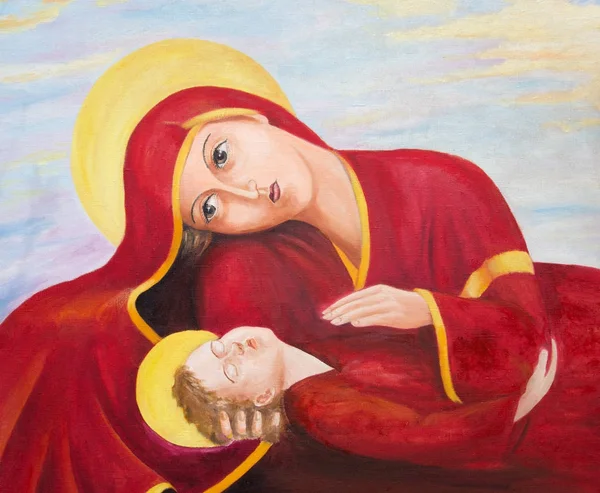 Virgen María Con Jesucristo Dormido Óleo Sobre Lienzo —  Fotos de Stock