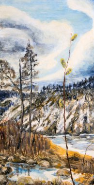 Bulutlu gökyüzü, Bahar yatay. Nehir buzla kaplıdır. Dik Nehri'nin