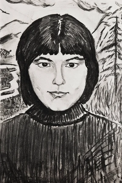 Kohlezeichnung Auf Papier Porträt Eines Schönen Mädchens — Stockfoto