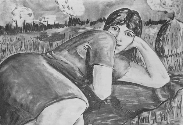 Рисунок Угля Бумаге Девушка Отдыхает Природе — стоковое фото