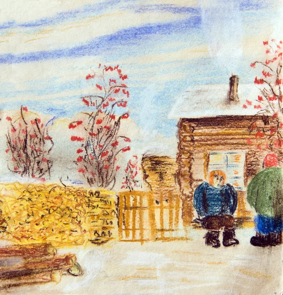 Dibujo Pastel Paisaje Rural Invierno Con Dos Mujeres —  Fotos de Stock