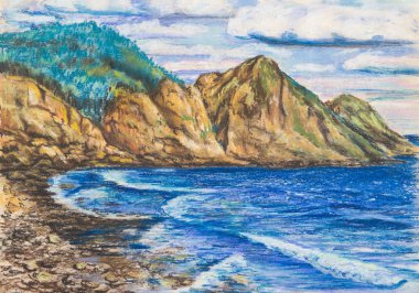 Pastel bir çizim. Dalgalar kayalık sahilde haddelenmiş. Bulutlu gökyüzü