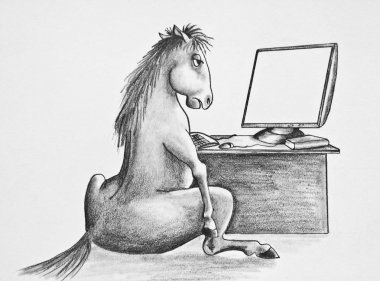 Bilgisayar ile masada oturan bir at. Alegori zor iş. Bir at gibi çalışır