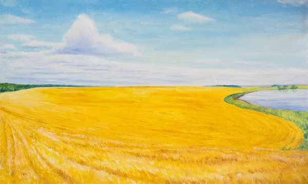 Paisaje Verano Con Campo Amarillo Pintura Óleo —  Fotos de Stock