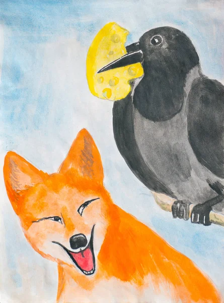 Crow Fox Illustration Fable — Stock Photo, Image