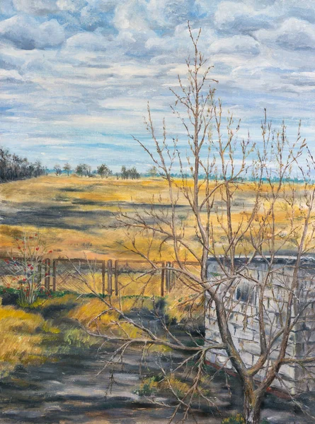Schilderij Herfst Landschap Gele Veld Bewolkte Hemel — Stockfoto