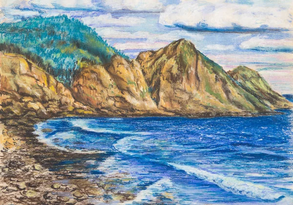 A pastel drawing. The waves rolled on the rocky shore.  Cloudy sky