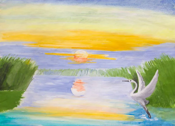 カモメと海に沈む夕日 クレヨンでお絵かき — ストック写真