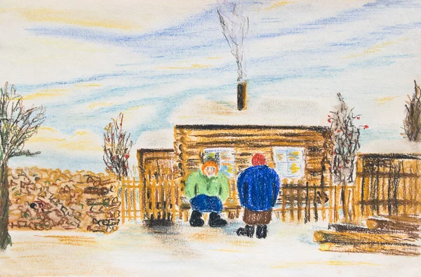 Paisagem Rural Inverno Com Duas Mulheres Perto Uma Casa Madeira — Fotografia de Stock