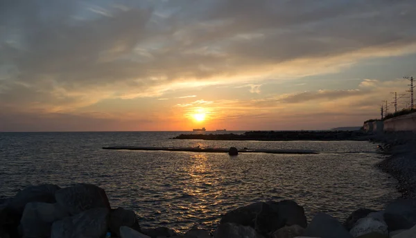 Sunset Sea Silhouettes Two Ships — Stock Photo, Image