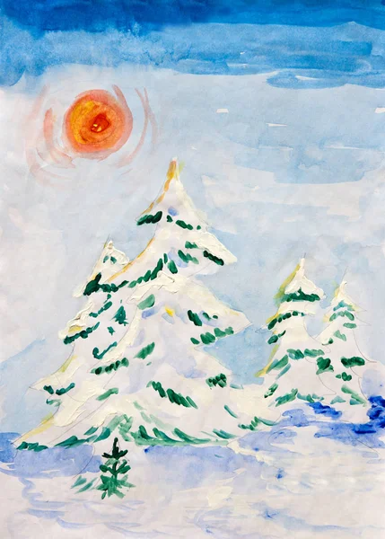 Téli Táj Lucfenyő Akvarell — Stock Fotó