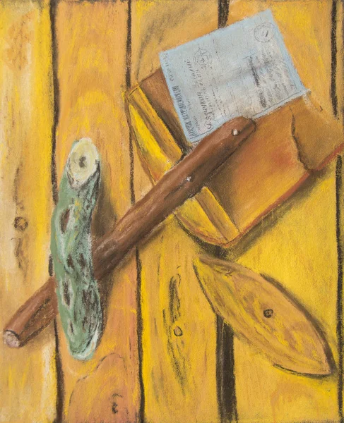 Still Life Shovel Paper Wooden Background — Stock Photo, Image