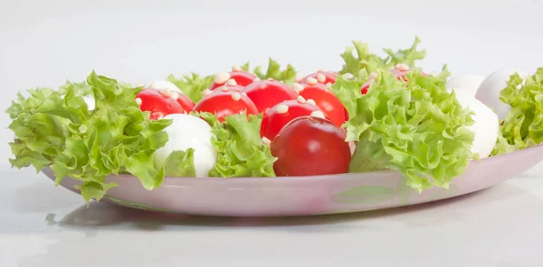 Salad Fly Agarics Break Fast Child Made Boiled Egg Tomato — Stock Photo, Image