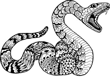 Snake with open mouth. Hand drawn patterns for coloring. Freehand sketch drawing for adult antistress coloring book  clipart