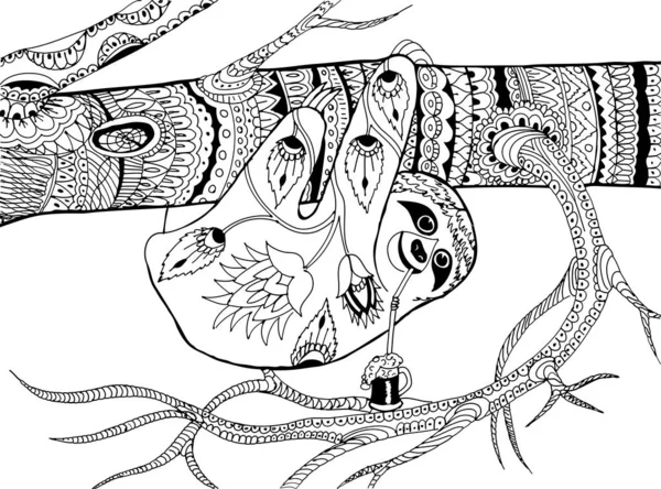 Лінивці Гілці Візерунки Намальовані Вручну Розфарбування Вільний Малюнок Дорослих Антистресових — стоковий вектор