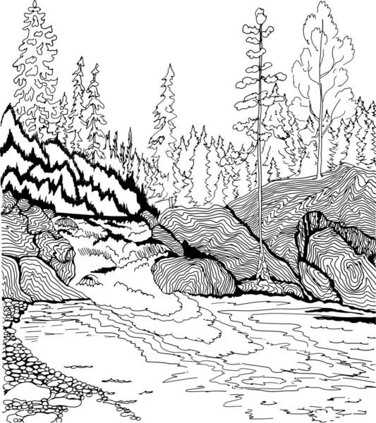 Landscape with waterfall. Hand drawn patterns for coloring. Freehand sketch drawing for adult antistress coloring book