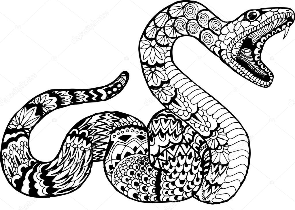 Snake with open mouth. Hand drawn patterns for coloring. Freehand sketch drawing for adult antistress coloring book 